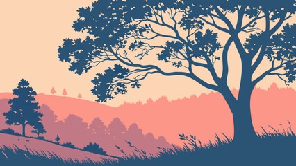 Sunset Landscape with Silhouetted Trees and Rolling Hills Peaceful Nature Scene Vector Illustration.