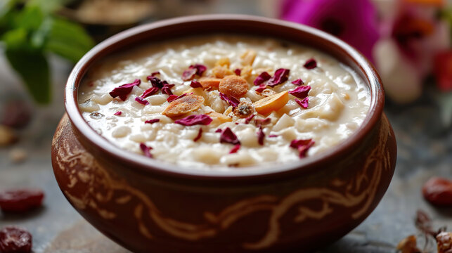 Traditional Khir or kheer payasam served with dry fruits on Eid