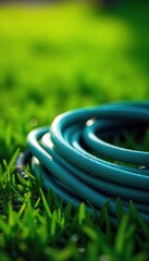 Coiled Garden Hose on Lush Green Lawn, Ready for Watering in Sunny Springtime