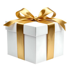 Obraz premium A pristine white gift box tied with an elegant, golden ribbon and bow, on a black background