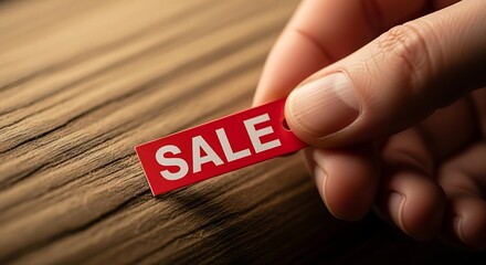 Hand holding red sale tag over wooden surface, promotional discount offer