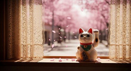 Maneki Neko Lucky Cat on Window Sill with Cherry Blossoms