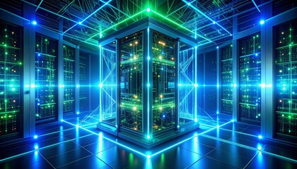 Digital Nexus: A High-Tech Server Room with Glowing Blue and Green Data Grids