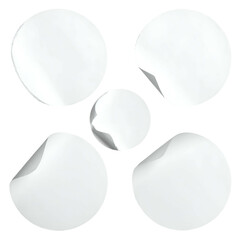 Five white circular stickers with curled edges arranged on a black background