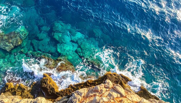 Stunning coastal scene of turquoise water meeting rocks - Powered by Adobe