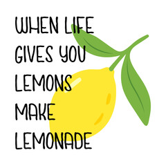 Motivational lemon quote illustration - When life gives you lemons make lemonade. Yellow fruit and green leaves