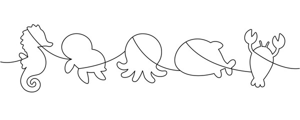 One-line contour silhouettes of seahorse, octopus, fish, stingray, crab, and other cute ocean animals in minimal style