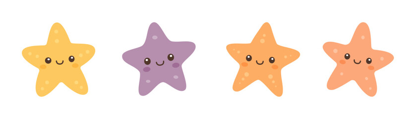 Set of colorful starfish with smiling faces for children and ocean-themed designs