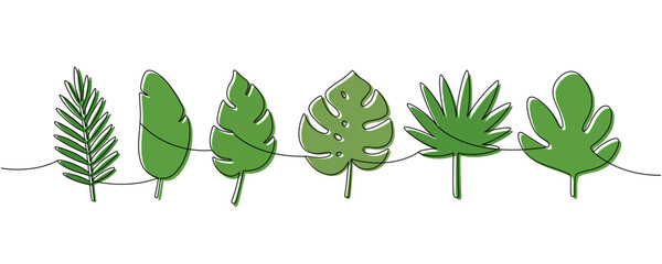 Minimalist continuous line drawing of tropical leaves. Modern botanical art with green color for decorative design