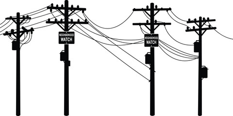Utility poles, power lines, transformers, silhouette infrastructure, neighborhood watch signs, electrical distribution, urban safety, community energy network