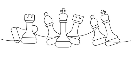 Minimalist chess line art with six chess pieces arranged in abstract balance