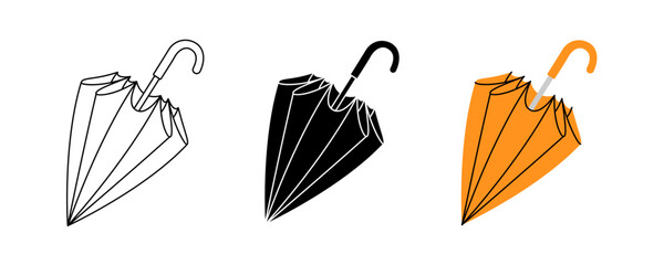Compact folded umbrella icon in three versions outline, silhouette, and orange color