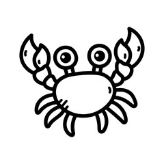 Simple black and white doodle illustration of a cute crab with large eyes and prominent claws on a transparent background