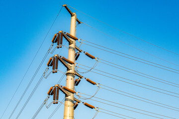 High voltage power pole, supporting corner high voltage line close-up