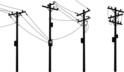Utility pole silhouettes, electrical hazard sign, power line infrastructure, transformers and insulators, urban electricity grid, industrial energy design, overhead wires, infrastructure illustration