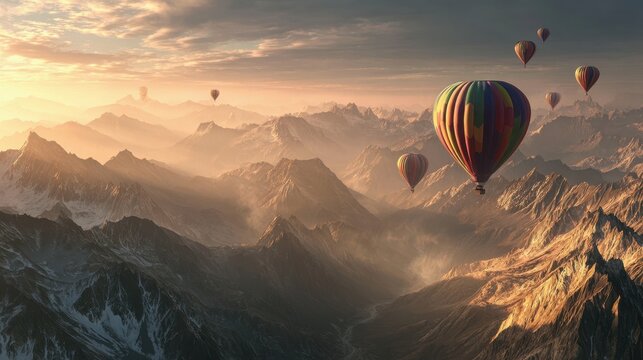 Golden Hour Ascent - Hot Air Balloons Soaring Over a Majestic, Misty Mountain Range.