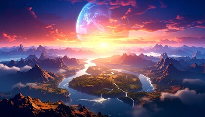 Celestial Dawn Over a Winding River in a Grand, Mountainous Alien Valley