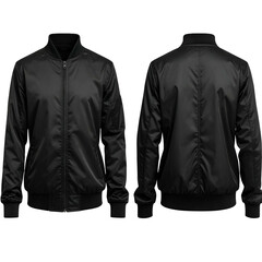 Black bomber jacket, front and back view on a black background. Reflective shine