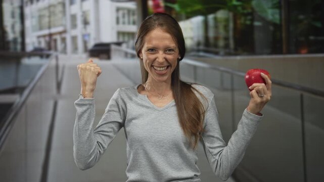 Woman holding red apple and raising fist on urban street beside modern building, smiling with closed eyes; joy healthy.