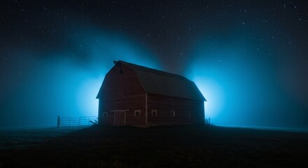 Illuminated old farm building stands majestically under a starry night sky and eerie blue light.