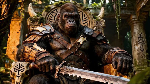 A mighty gorilla king in ancient armor sits on a throne holding a sword in a jungle ruin