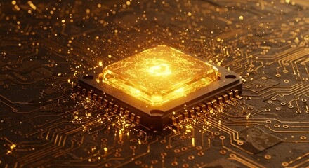 A glowing microchip sits atop a complex circuit board, radiating light and energy.