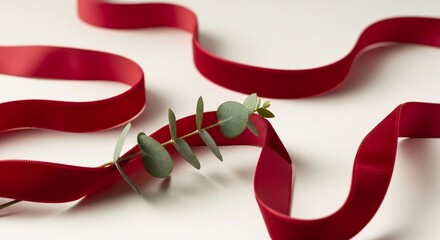 Elegant Red Velvet Ribbon and Eucalyptus Sprig on White Background.