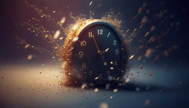 A symbolic representation of time passing, featuring a clock disintegrating into particles, capturing a sense of urgency