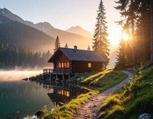 Fototapeta premium Wooden cabin by a montian lake at sunrise with mist and sunlight reflections