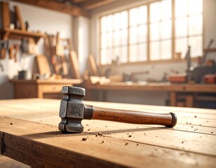 Wooden hammer on a workbench in a sunny workshop