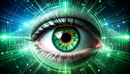 Luminous Green Cybernetic Eye Scanning a Digital Data Grid