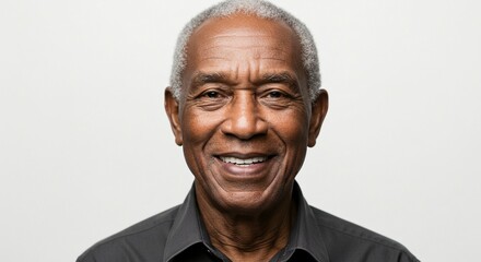 Portrait of a mature African American man smiling warmly against a neutral, light backdrop.