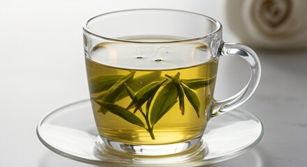 A clear glass cup filled with light yellow tea containing green leaves. On a clear saucer.