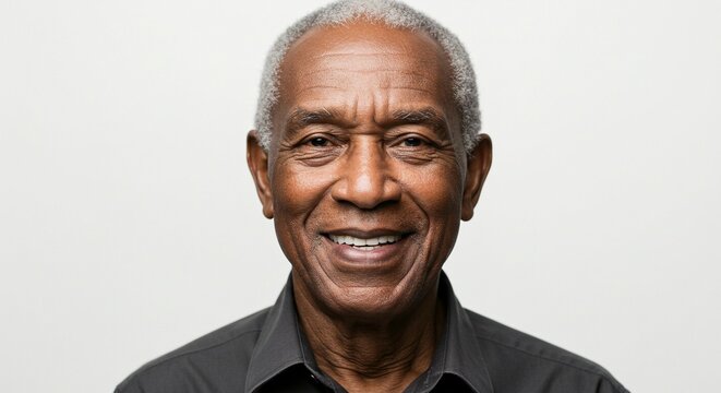 Portrait of a mature African American man smiling warmly against a neutral, light backdrop.