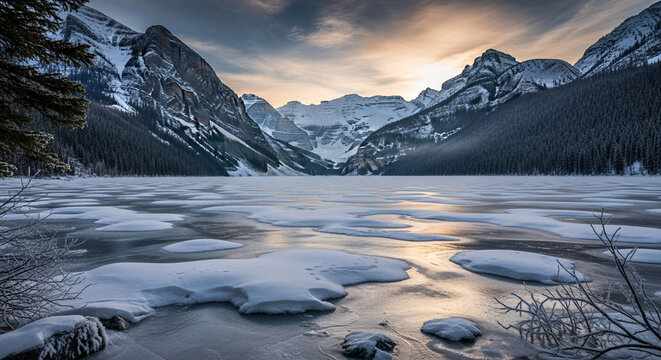 A frozen lake is partially covered with snow and ice, surrounded by snowcapped mountains under a dramatic sky at sunset in winter season