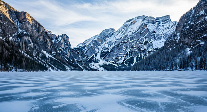A frozen lake is surrounded by snowcovered mountains under a cloudy sky, creating a serene and majestic winter landscape in the italian dolomites - Powered by Adobe