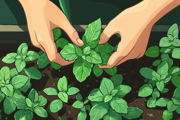 Hands plucking fresh mint leaves from raised garden bed. Aromatic freshness and the essence of natural, culinary ingredients. Cartoon design. 