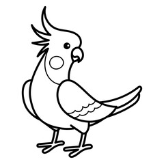 Simple Black and White Outline Doodle of a Cockatiel Bird Standing on White Background