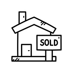 Simple Black And White Line Art Illustration Of A House With A Sold Sign In Front On A Transparent Background Representing Real Estate Transaction Success