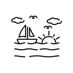 Simple black and white line art illustration of a sailboat on gentle waves with a rising sun and birds in the sky on a transparent background