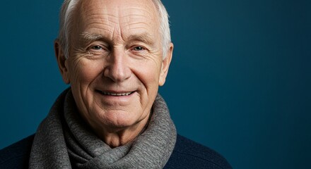 Obraz premium Smiling Elderly Man Portrait: Warmth in his eyes, wisdom in his smile against blue backdrop.