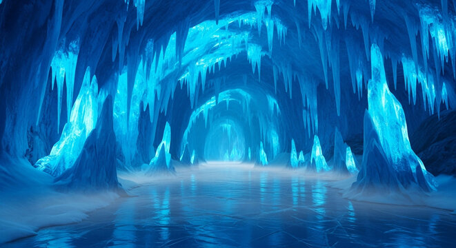 Mysterious ice cave with blue light shining through the entrance, creating a magical and ethereal atmosphere with icicles hanging from the ceiling - Powered by Adobe