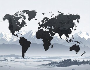 World map silhouette over a winter landscape