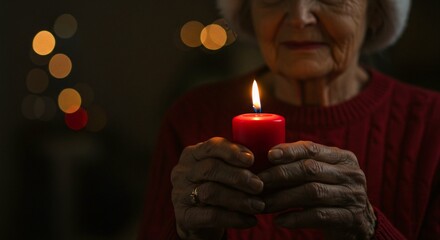 Senior woman holds a glowing red candle casting a warm light in a dark room, radiating peace.
