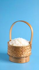 Woven basket filled with white rice against a solid background