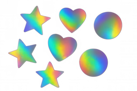 Holographic iridescent stickers in star, heart, and circle shapes showing rainbow gradient colors, transparent background - Powered by Adobe