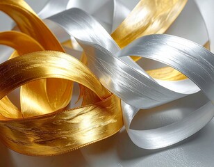 Silver and gold ribbons intertwining, luxury celebration concept