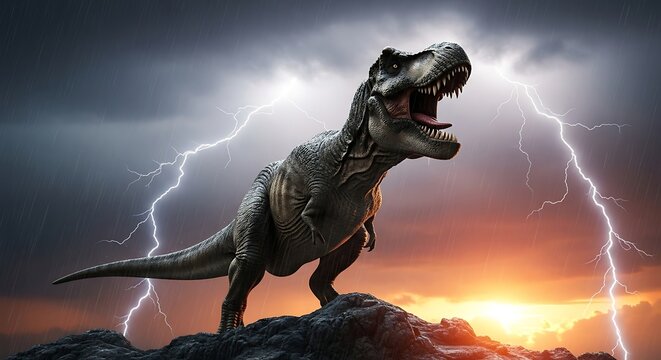 Tyrannosaurus Rex Roaring in a Stormy Landscape - Powered by Adobe