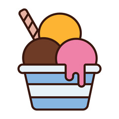 Colorful Ice Cream Sundae in Bowl with wafer roll Vector Illustration
