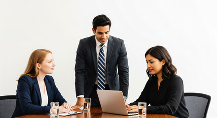 Confident meeting working with diverse team in office briefing. Mixed race business leader focused on meeting, collaborating and discussing business ideas with colleagues in meeting.
